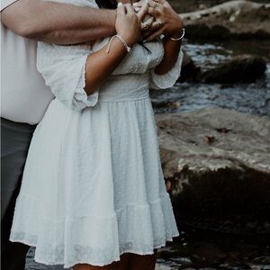 White mini dress- cinched/tie waist, sheer arms